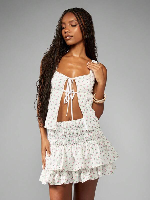 missguided MISSGUIDED Floral Print Tiered Ruffle Mini Skirt Corset Style Two Piece Set