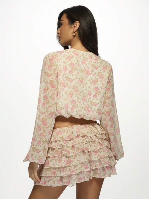 Missguided MISSGUIDED Floral Print Wrap Crop Top Ruffle Skirt Two Piece Set