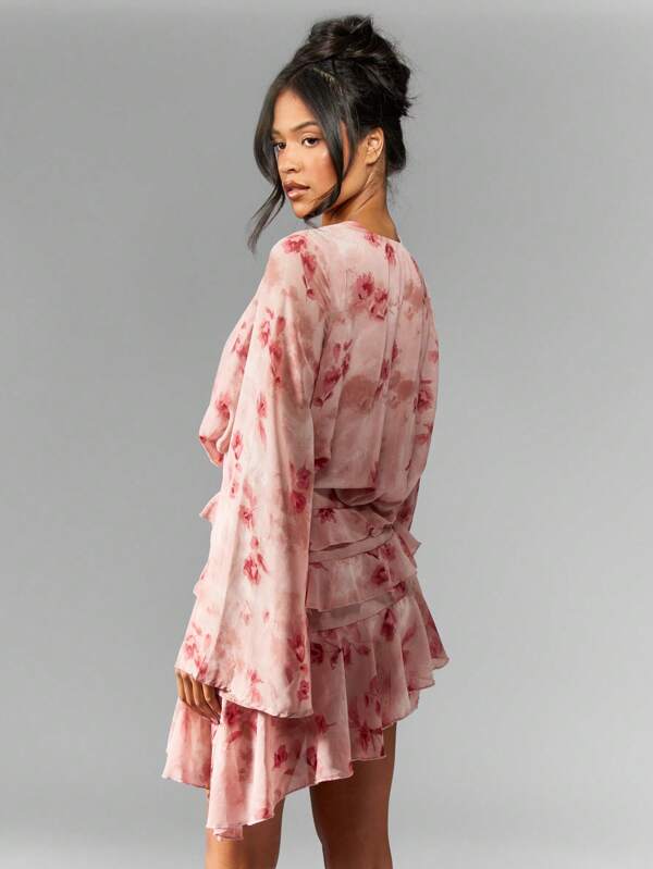 Missguided MISSGUIDED Floral Print Wrap Mini Dress With Ruffle Hem And Bell Sleeves