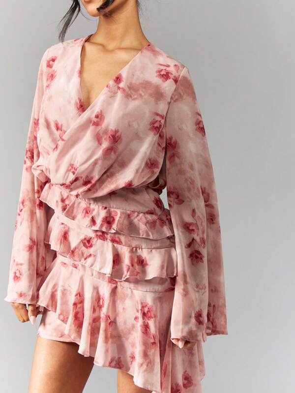 Missguided MISSGUIDED Floral Print Wrap Mini Dress With Ruffle Hem And Bell Sleeves