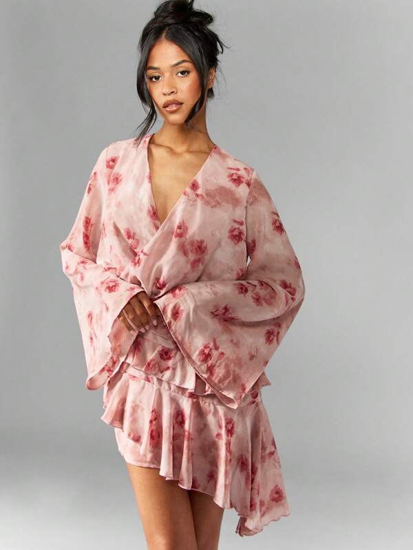 missguided MISSGUIDED Floral Print Wrap Mini Dress With Ruffle Hem And Bell Sleeves