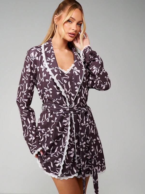 missguided MISSGUIDED Floral Print Wrap Robe With Lace Trim