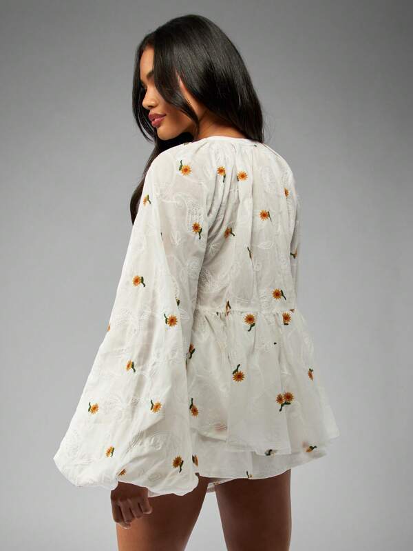 Missguided MISSGUIDED Floral Puff Sleeve Co-Ord Set With Ruffle Hem Tie Front