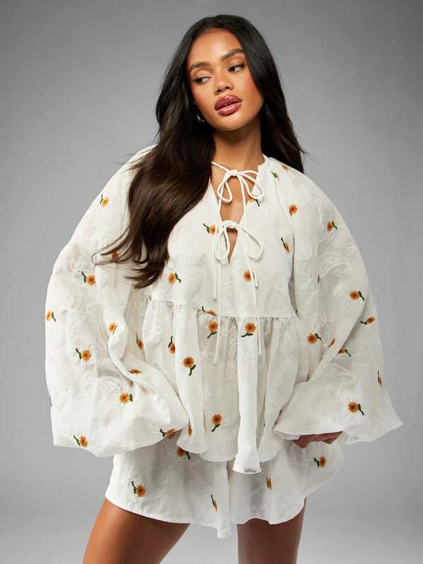 Missguided MISSGUIDED Floral Puff Sleeve Co-Ord Set With Ruffle Hem Tie Front