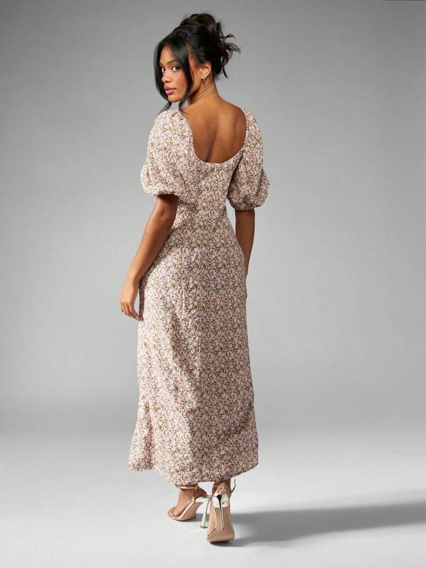 Missguided MISSGUIDED Floral Puff Sleeve Milkmaid Neckline Long Dress