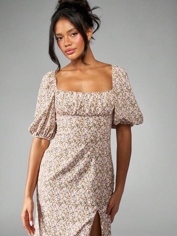 Missguided MISSGUIDED Floral Puff Sleeve Milkmaid Neckline Long Dress