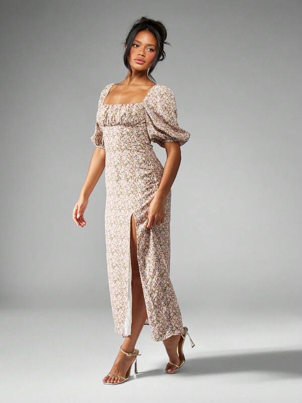 Missguided MISSGUIDED Floral Puff Sleeve Milkmaid Neckline Long Dress