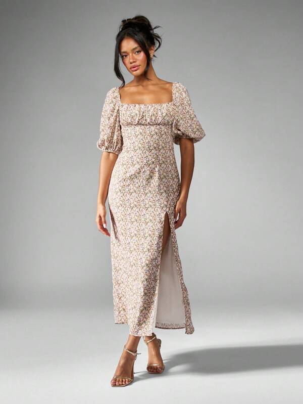 missguided MISSGUIDED Floral Puff Sleeve Milkmaid Neckline Long Dress