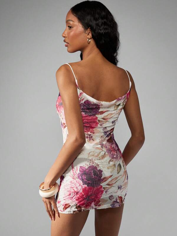 Missguided MISSGUIDED Floral Ruched Bodycon Mini Spaghetti Strap Sleeveless Dress