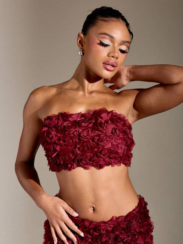 Missguided MISSGUIDED Floral Ruffle Bandeau Crop Top With Mini Skirt