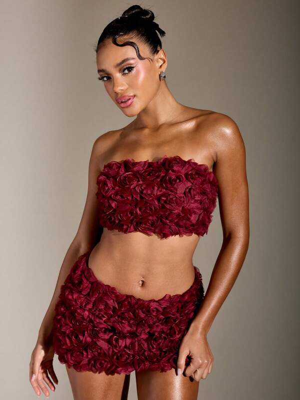 Missguided MISSGUIDED Floral Ruffle Bandeau Crop Top With Mini Skirt