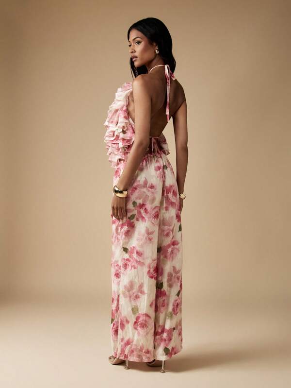 Missguided MISSGUIDED Floral Ruffle Halter Wide Leg Palazzo Two Piece Set