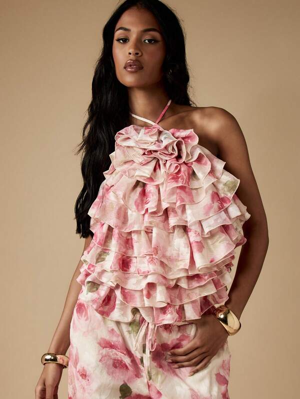 Missguided MISSGUIDED Floral Ruffle Halter Wide Leg Palazzo Two Piece Set