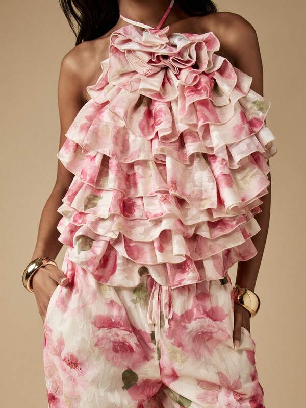 Missguided MISSGUIDED Floral Ruffle Halter Wide Leg Palazzo Two Piece Set