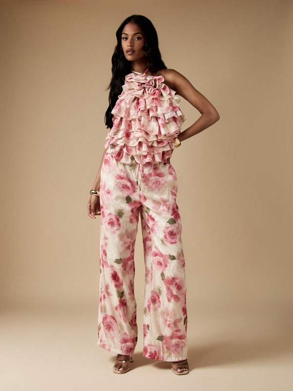 missguided MISSGUIDED Floral Ruffle Halter Wide Leg Palazzo Two Piece Set