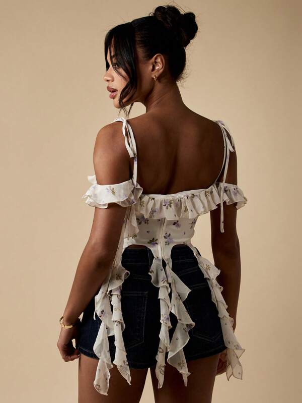 Missguided MISSGUIDED Floral Ruffle Off Shoulder Corset Crop Top