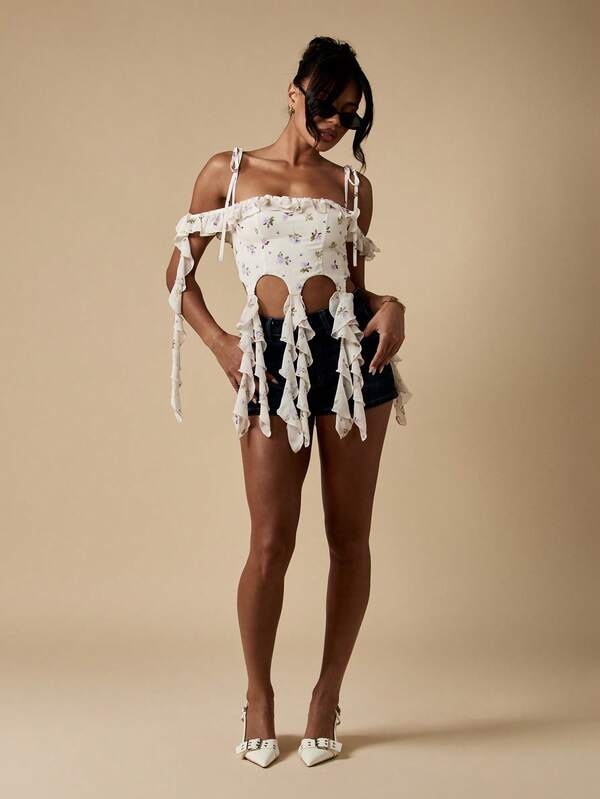 Missguided MISSGUIDED Floral Ruffle Off Shoulder Corset Crop Top