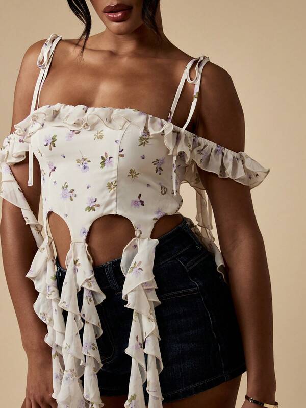 Missguided MISSGUIDED Floral Ruffle Off Shoulder Corset Crop Top