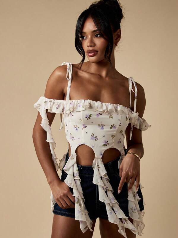 missguided MISSGUIDED Floral Ruffle Off Shoulder Corset Crop Top