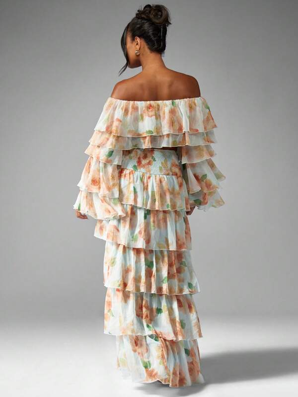 Missguided MISSGUIDED Floral Ruffle Tiered Off Shoulder Maxi Elegant Two Piece