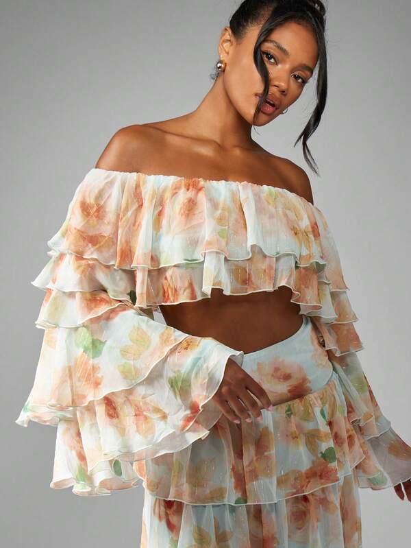 Missguided MISSGUIDED Floral Ruffle Tiered Off Shoulder Maxi Elegant Two Piece