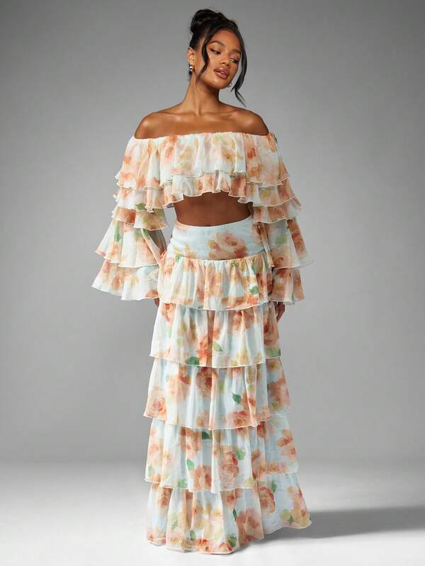 Missguided MISSGUIDED Floral Ruffle Tiered Off Shoulder Maxi Elegant Two Piece