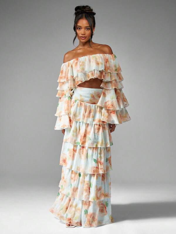 missguided MISSGUIDED Floral Ruffle Tiered Off Shoulder Maxi Elegant Two Piece
