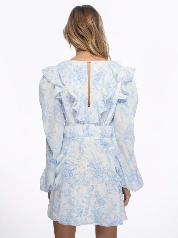 Missguided MISSGUIDED Floral Ruffle Trim Puff Sleeve V-Neck Tie Front Mini Dress