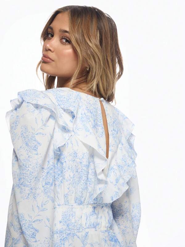 Missguided MISSGUIDED Floral Ruffle Trim Puff Sleeve V-Neck Tie Front Mini Dress