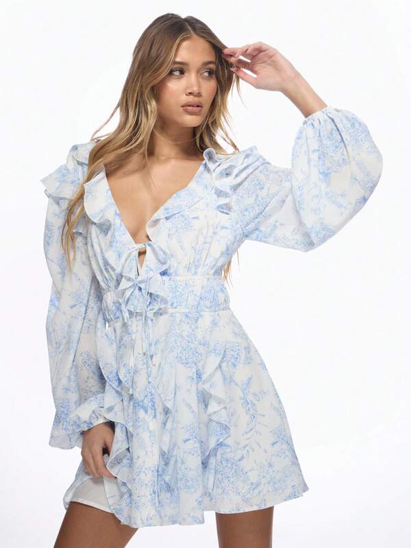 missguided MISSGUIDED Floral Ruffle Trim Puff Sleeve V-Neck Tie Front Mini Dress