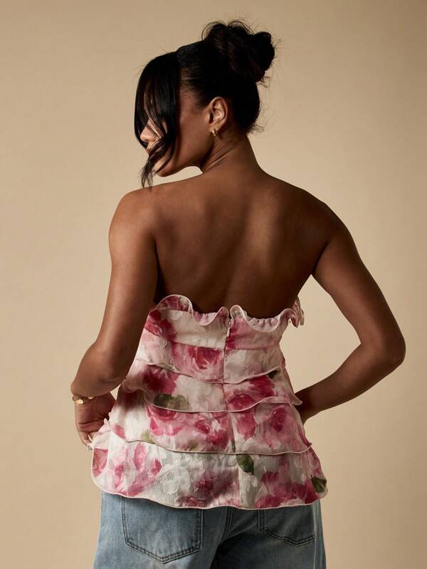 Missguided MISSGUIDED Floral Ruffled Bustier Tiered Peplum Top