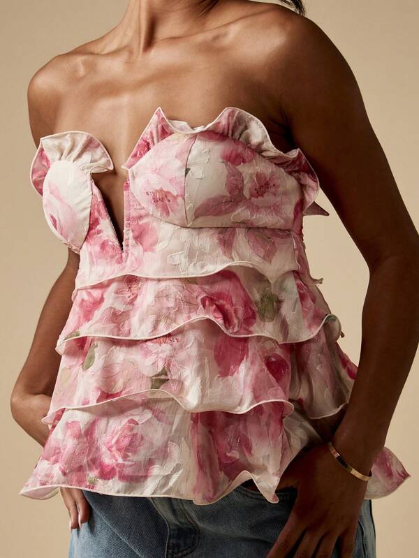 Missguided MISSGUIDED Floral Ruffled Bustier Tiered Peplum Top