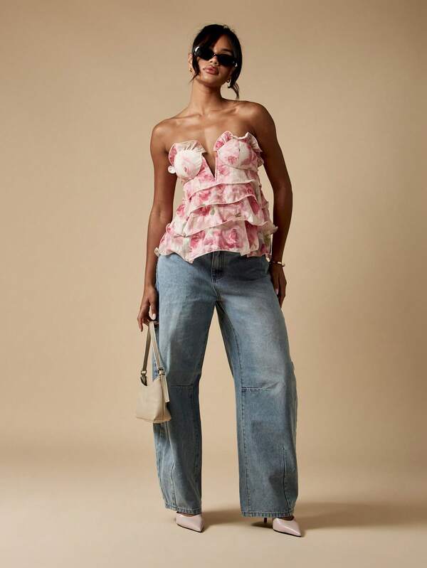 Missguided MISSGUIDED Floral Ruffled Bustier Tiered Peplum Top