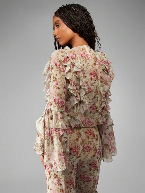Missguided MISSGUIDED Floral Ruffled Chiffon Long Sleeve Tie Front Blouse