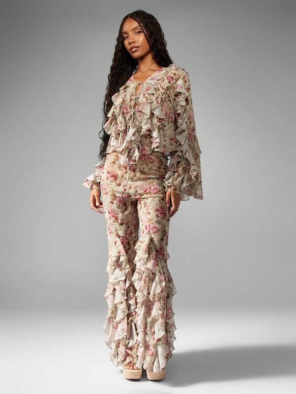 Missguided MISSGUIDED Floral Ruffled Chiffon Long Sleeve Tie Front Blouse