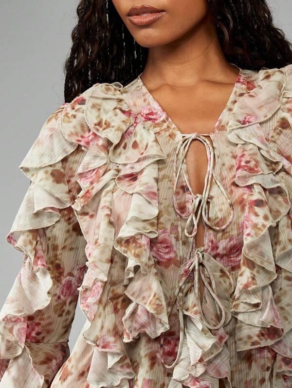 Missguided MISSGUIDED Floral Ruffled Chiffon Long Sleeve Tie Front Blouse