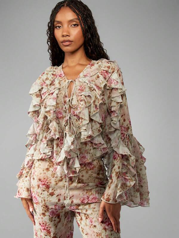 missguided MISSGUIDED Floral Ruffled Chiffon Long Sleeve Tie Front Blouse