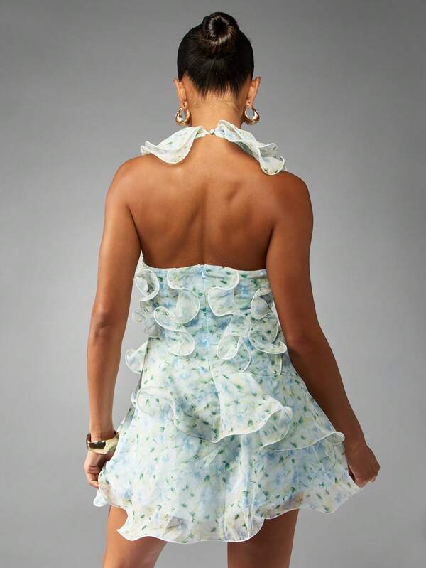 Missguided MISSGUIDED Floral Ruffled Halter Mini Dress With Layered Details