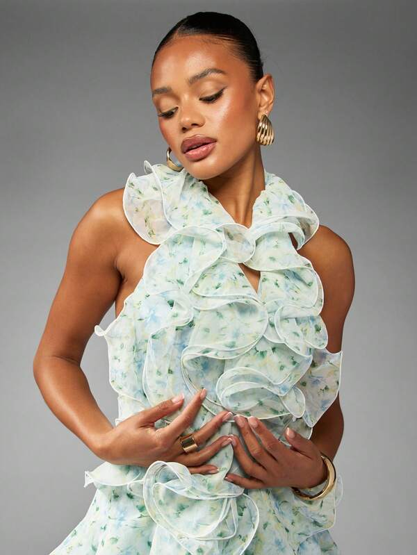 Missguided MISSGUIDED Floral Ruffled Halter Mini Dress With Layered Details
