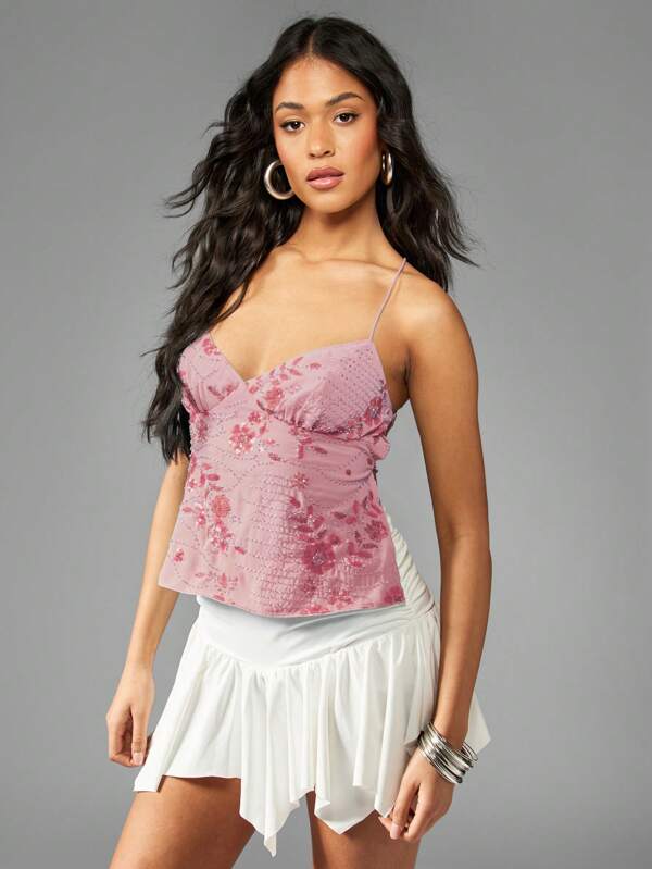 missguided MISSGUIDED Floral Sequin Embellished Camisole Bustier Lace Up Corset Top