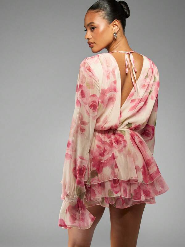 Missguided MISSGUIDED Floral Sheer Mini Dress With Cowl Neck Ruffles