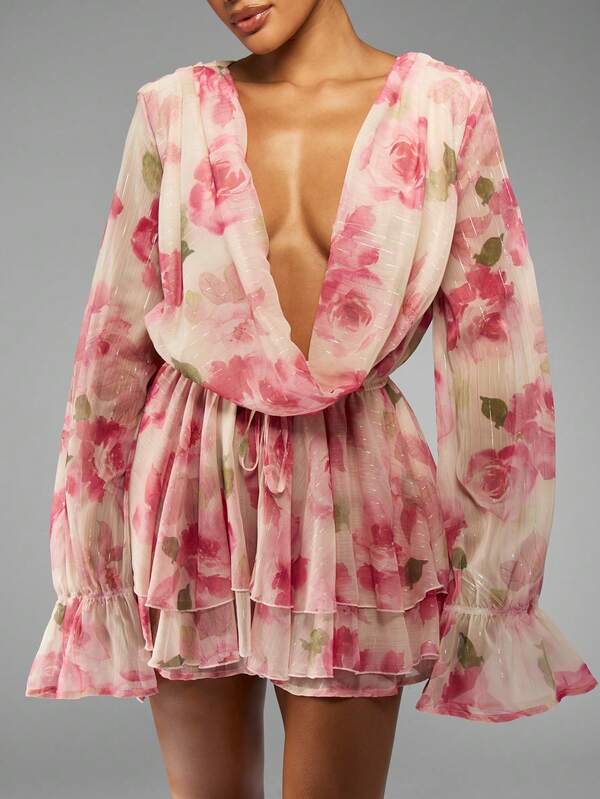 Missguided MISSGUIDED Floral Sheer Mini Dress With Cowl Neck Ruffles