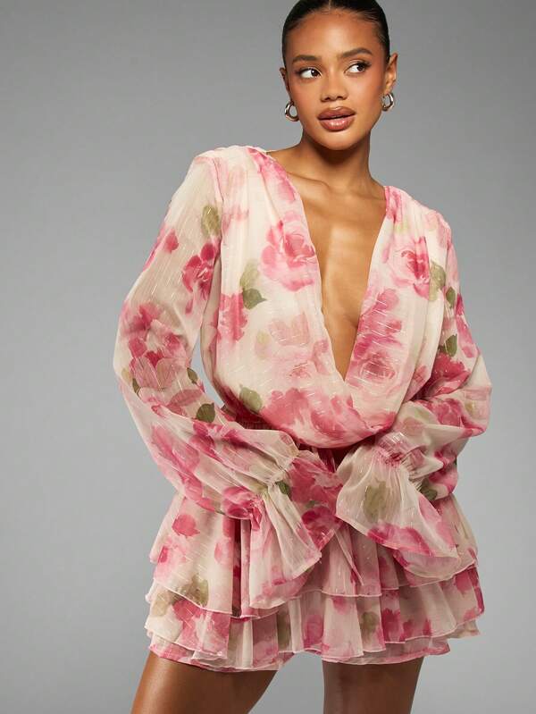 missguided MISSGUIDED Floral Sheer Mini Dress With Cowl Neck Ruffles