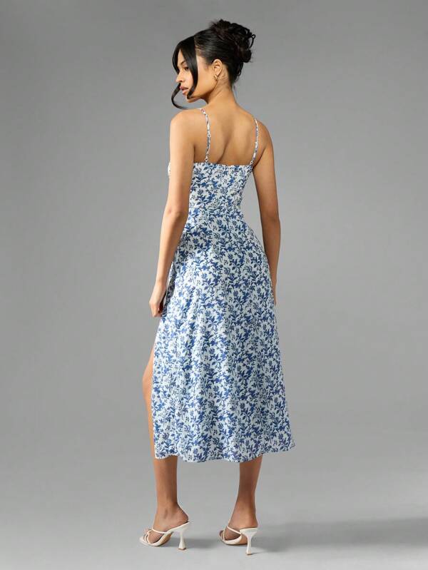 Missguided MISSGUIDED Floral Spaghetti Strap Sweetheart Neckline Side Split Midi Dress