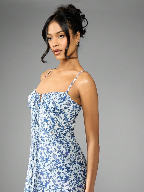 Missguided MISSGUIDED Floral Spaghetti Strap Sweetheart Neckline Side Split Midi Dress