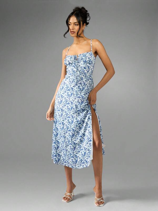 missguided MISSGUIDED Floral Spaghetti Strap Sweetheart Neckline Side Split Midi Dress