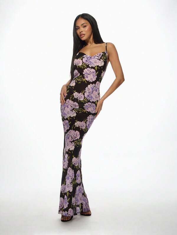 Missguided MISSGUIDED Floral Sweetheart Neck Spaghetti Strap Bodycon Maxi Dress