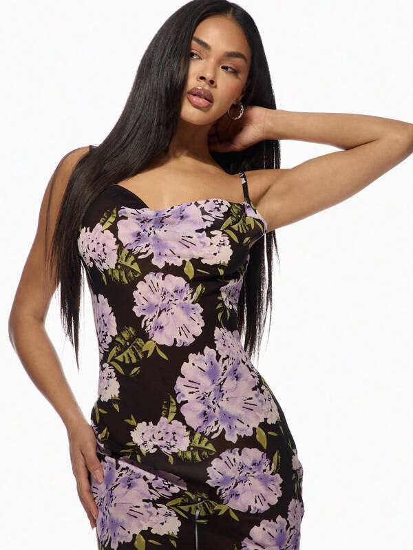 Missguided MISSGUIDED Floral Sweetheart Neck Spaghetti Strap Bodycon Maxi Dress