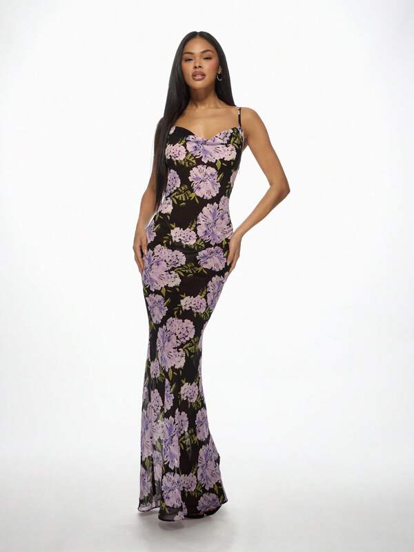 missguided MISSGUIDED Floral Sweetheart Neck Spaghetti Strap Bodycon Maxi Dress