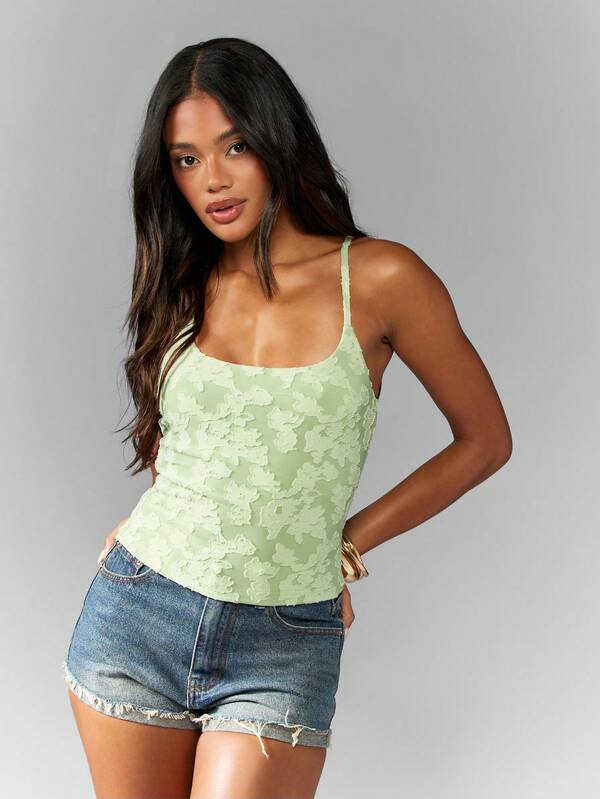 Missguided MISSGUIDED Floral Textured Cami Top Crop Tank Spaghetti Strap Square Neck